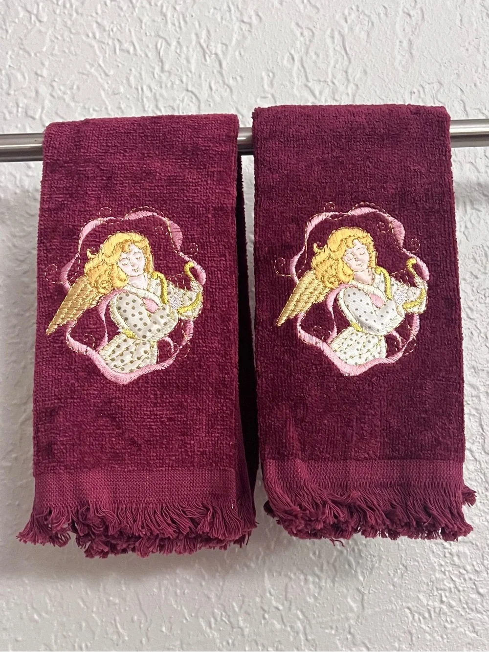 Vintage Angel Embroidered Hand Towels Set Burgundy Cotton Fringe Pair
